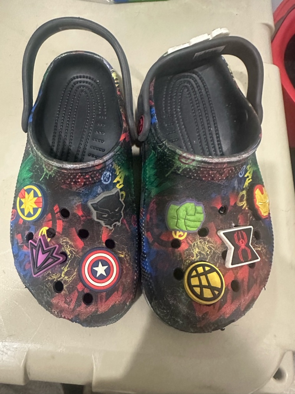 CROCS Kids Marvel Print Clogs in Black with Multicolor Accents